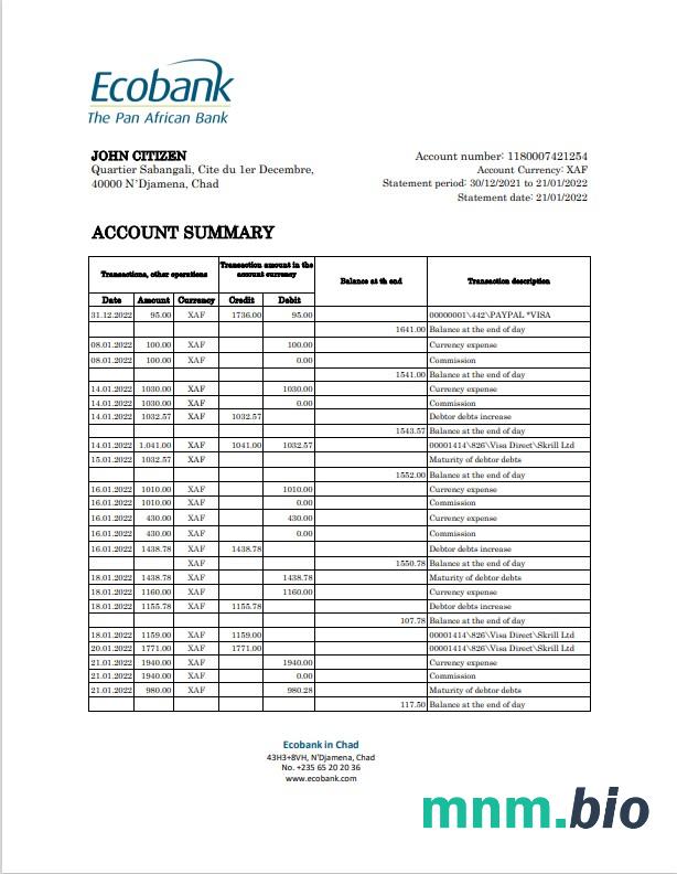 Chad Commercial Bank of Tchad wzór wyciągu bankowego w formacie Word i PDF